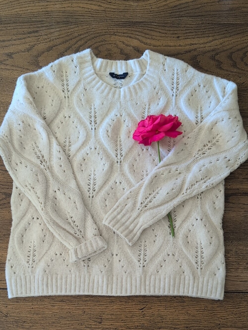 Denver Hayes Cream Openwork Cable Crew Sweater